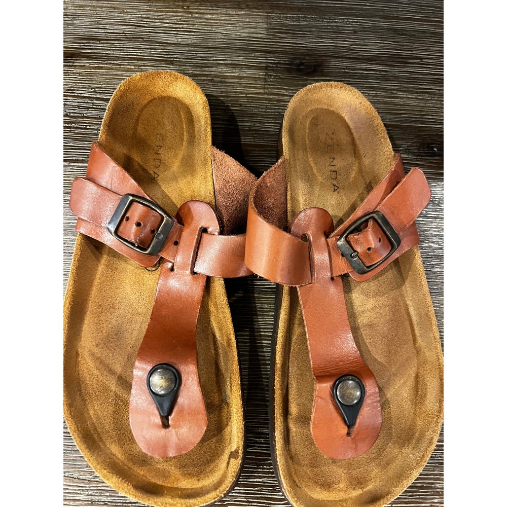 Zenda Brown Leather Thong Cork Footbed Buckle Slide Sandals Size 40